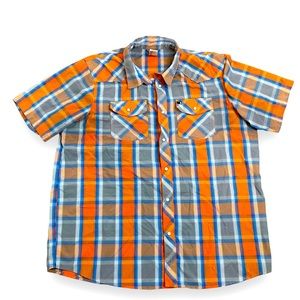 Men’s North Face XL Short Sleeve Button Down Casual Plaid Orange and Blue Shirt